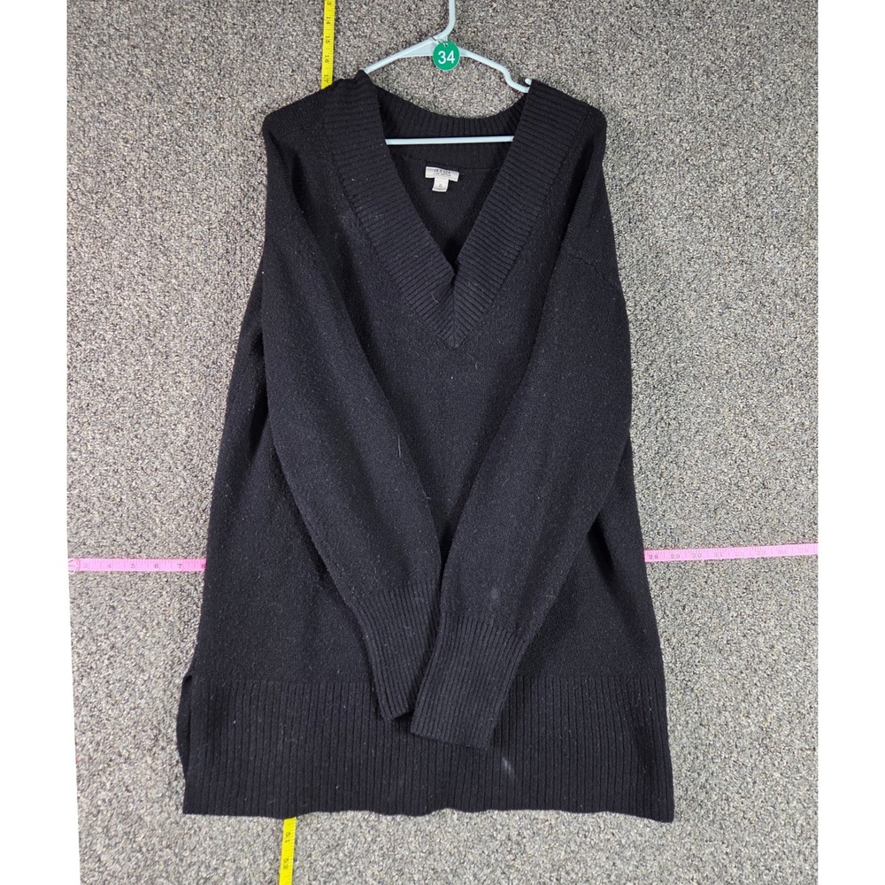 a.n.a Tunic Sweater Women XL Black V-Neck Oversized Side Slit Ribbed Knit